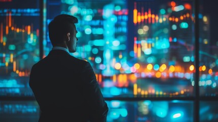Silhouette of a businessman in an office against a skyscraper background. Investment business and leadership concept