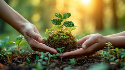 Human hands holding young plant in soil with sunlight background. Ecology concept - Generative AI