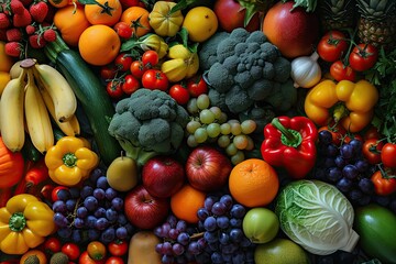 Vibrant assortment of fresh fruits and vegetables in colorful top view natural mosaic of healthy eating ripe apples oranges grapes lemons and tropical produce mixed with green broccoli red tomatoes
