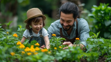 Father and daughter planting flowers together in the garden. Happy family concept. - Generative AI