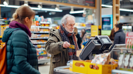 Fototapeta na wymiar Senior Man Using Contactless Payment at Store Checkout 