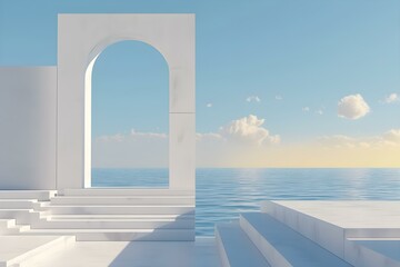 Arcade and Steps in Ocean, Sea - Paradise View. White Stone Sculpture. Podium, Pedestal for Mockup Design. Sunny Summer Advertising Composition. Empty Space for Mockup. 3d Render Illustration.