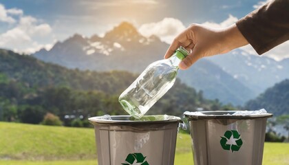 hand putting a glass bottle in the trash bin, separate waste collection and recycling concept.ai generated