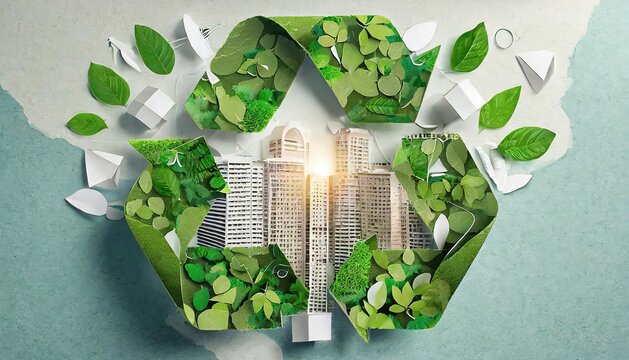 Recycle Symbol with many building and green leaves, save the planet and energy concept.ai generated
