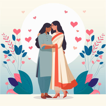 Indian lesbian couple in love hugging