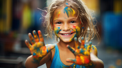 Smiling girl with paint on his hands and face