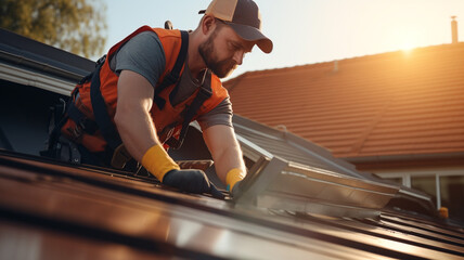 Technician installing solar panels on the roof.