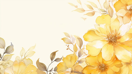 Watercolor yellow flower background with golden frame