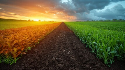 Sunset over corn field. Agricultural landscape. 3d render. - Generative AI