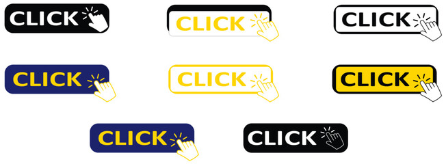 Click Here Button with Click cursor. Set for button website design. Click button. Modern action button with mouse click symbol. Computer mouse click cursor or Hand pointer symbol