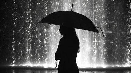 Abstract silhouette of girl walking on rain under umbrella, Seasons, weather, city lifestyle. generative ai