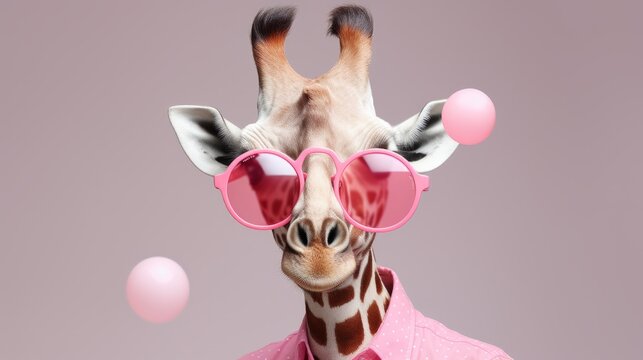 Close-up of a stylish fashionable giraffe wearing pink glasses on a light purple background with a copy space.
