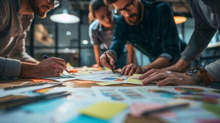 Fototapeta premium photorealism of Team work process. Marketing strategy brainstorming. Paperwork and digital in open space photorealistic studio lighting