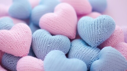 Fototapeta premium Valentine's day background. Blue and pink knitted hearts