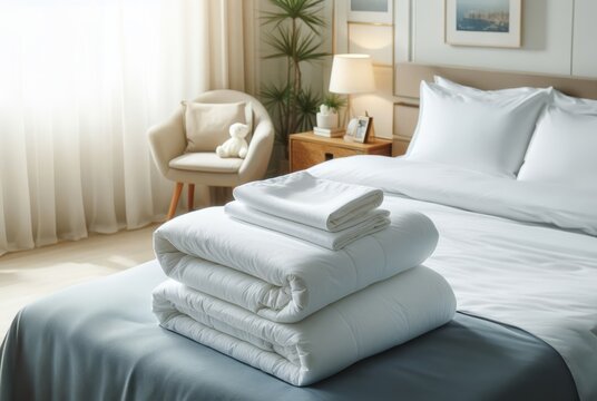 White folded duvet lying on white bed background. Preparing for winter season, household, domestic activities, hotel or home textile