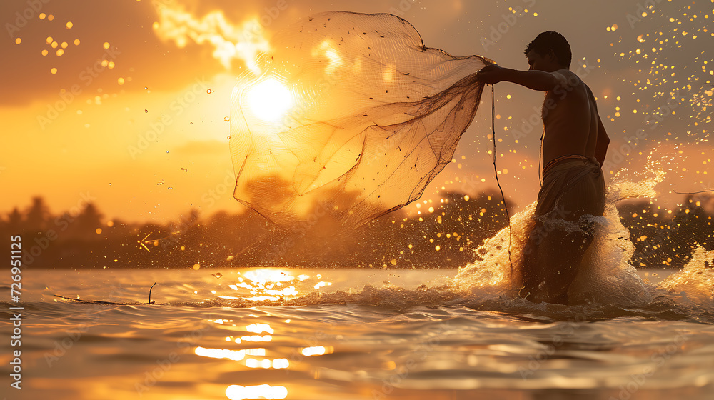 Wall mural A silhouette view of a fisherman fishing in the afternoon by the lake with water splashing around him, and sunlight above the island. Created with Generative AI.