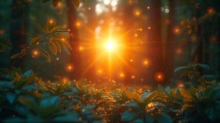 Obraz na płótnie Canvas Beautiful magic forest with sunbeams and lens flare effect. - Generative AI