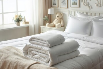 White folded duvet lying on white bed background. Preparing for winter season, household, domestic activities, hotel or home textile