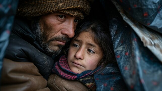 A father and daughter huddled together in a makeshift shelter, emphasizing the housing insecurity and homelessness experienced by families in disadvantaged communities.