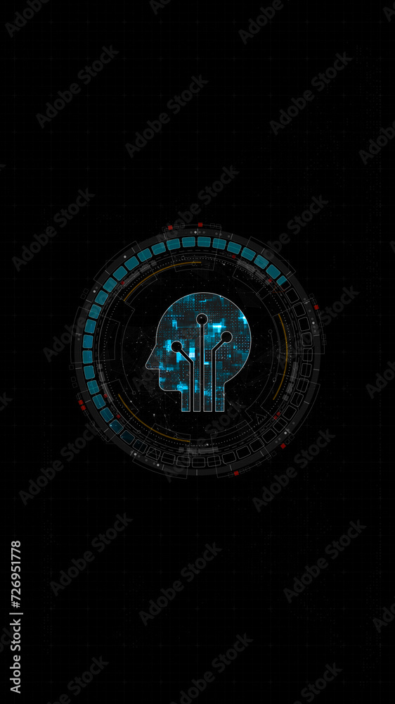 Poster blue digital robot head logo and circle futuristic hud elements with ai chatbot and machine learning