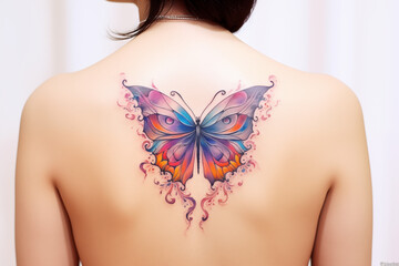  on back. Woman's tattoo, butterfly. Flower tattoo. Tattoo ideas for women. Tattoo parlor. Tattoo artist profession.​