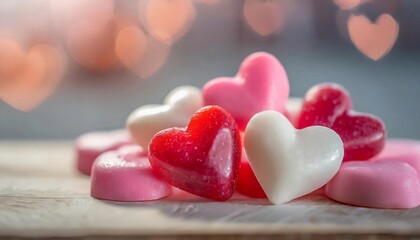 Obraz premium Pink and white and pink heart shaped candies, blurred background. Tasty sweets. Valentine's Day