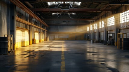 warehouse interior photorealistic sunset lighting