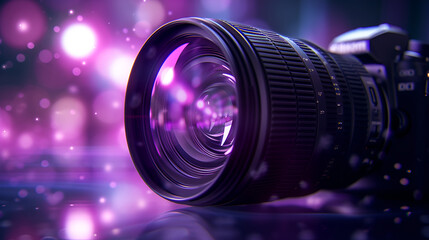 Fototapeta na wymiar The camera lens with purple backlight.generative ai