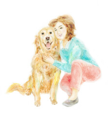 犬と女性　手描き
