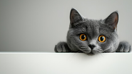 Beautiful funny grey British cat peeking out from behind a white table with copy space, Generative AI