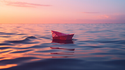 황혼의 바다, 붉은 종이배의 평화로운 항해 - obrazy, fototapety, plakaty
