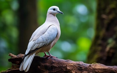 realistic photo of a White Bird (Pied imperial dove) perched on a tree with forest background. generative ai