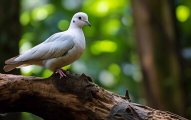 realistic photo of a White Bird (Pied imperial dove) perched on a tree with forest background. generative ai