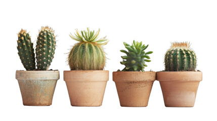 Front view, realistic photography about a collection of four beautiful cactus plants in ceramic pots, isolated on white background...