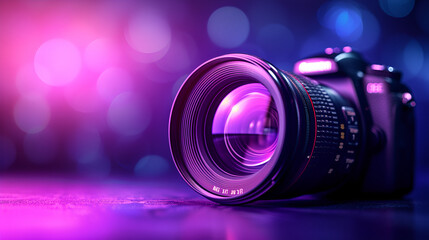 Fototapeta na wymiar The camera lens with purple backlight.generative ai