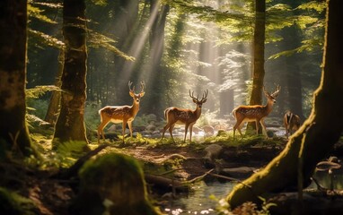 realistic photo A group of beautiful deer grazing in the forest on a sunny day. generative ai