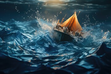 A sailboat in the depths of the sea. - obrazy, fototapety, plakaty