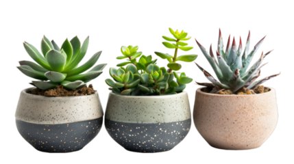 Front view, realistic photography about a collection of beautiful succulent type plants in ceramic pots, isolated on white background...