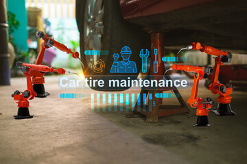 Arm robot fix tire maintenance Service Maintenance car inspection technology Ai arm robotics quantity fix Rubber tires car pressure gauge car tyre  automotive automobile Check car travel