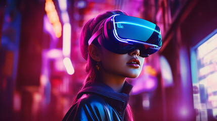 Young charming woman wearing futuristic virtual reality glasses in a neon-lit environment. Generative AI