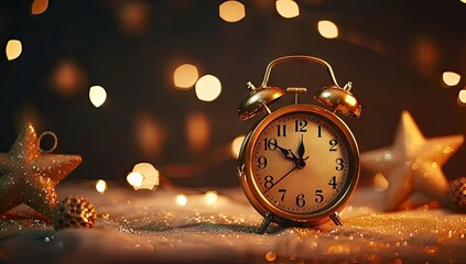 Vintage clock on table set festive. Christmas backdrop with warm orange tones and blurred lights holiday celebrations and countdown to new year timepiece marking minutes and seconds to midnight