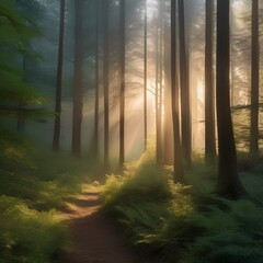 Mystical forest at dawn, with rays of sunlight piercing through dense foliage4