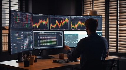Focused businessman analyzing marketing stats and financial graphs on desktop monitor in office setting