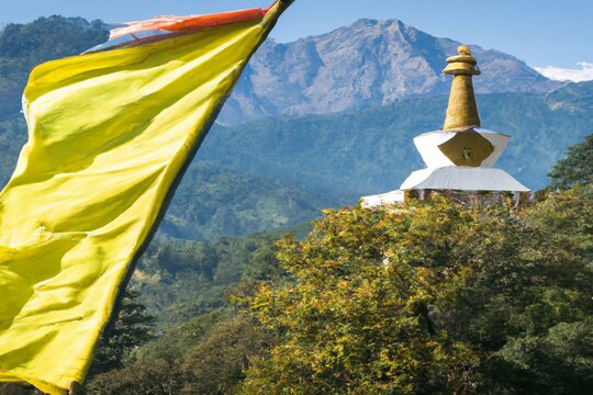 Flags over a Pagoda in the Kingdom Buthan in the Himalaya Mountains