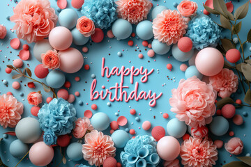 Fototapeta na wymiar happy birthday card with balloons pink and blue theme