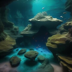 Fototapeta na wymiar Surreal underwater cave with bioluminescent creatures and rock formations2