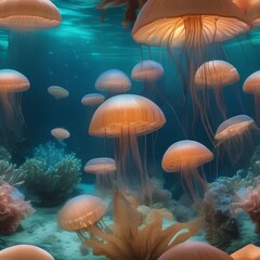 Fototapeta na wymiar Surreal underwater world with floating jellyfish and bioluminescent creatures4