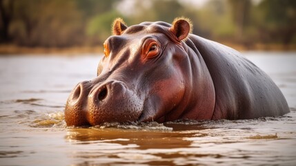 Fototapeta premium Close-up of a hippopotamus in the water against the background of a green forest. Wildlife, safari, animal concepts.