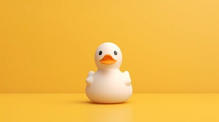 White rubber duck toy on yellow background. - obrazy, fototapety, plakaty