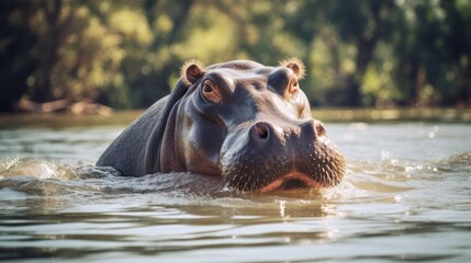 A hippopotamus in the water against the background of a green forest. Wildlife, safari, animal concepts. - obrazy, fototapety, plakaty